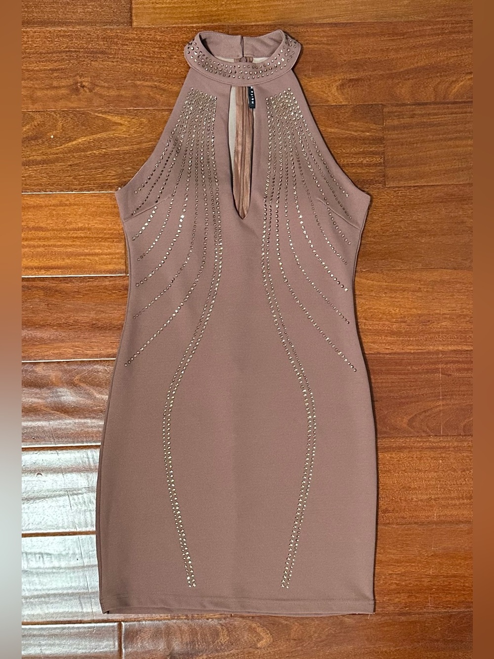 Haute Monde Women’s Size S Pink Rhinestone Studded Bodycon Halter Mini Dress